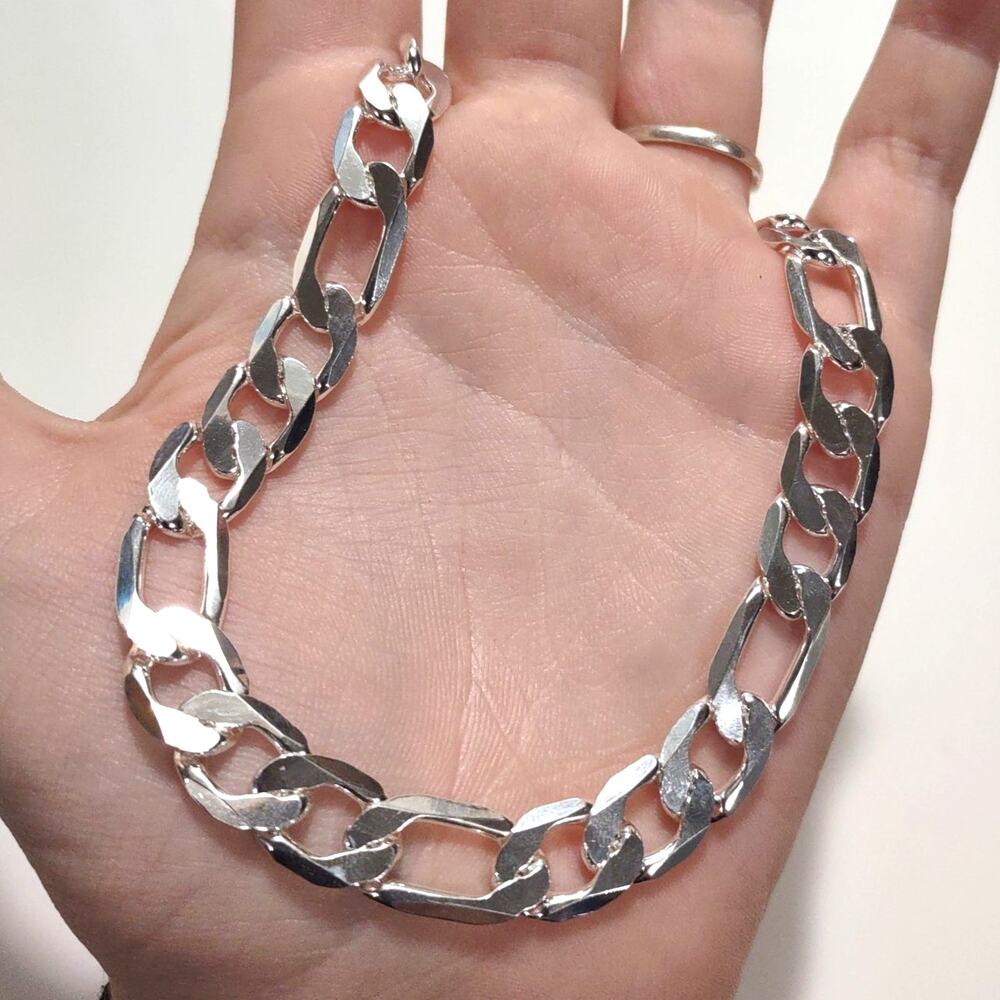 925 Silver Plated Thick Necklace  Figaro Christmas Birthday Anniversary Gift
